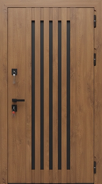 Дверь с коричневыми панелями МДФ и вертикальными рейками