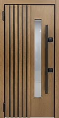 Термодверь с узким стеклопакетом, длинной ручкой и панелями МДФ со шпоном