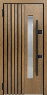 Термодверь с узким стеклопакетом, длинной ручкой и панелями МДФ со шпоном