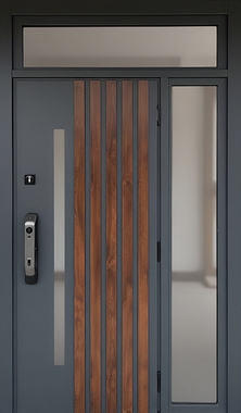 Термодверь с остекленными вставками, умным замком и отделкой МДФ графит с рейками