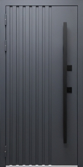Дверь для квартиры с металлическими рейками, бугельной ручкой и порошковым напылением графит