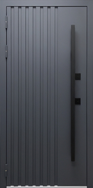 Дверь для квартиры с металлическими рейками, бугельной ручкой и порошковым напылением графит