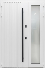 Полуторная термодверь с остеклением, металлорейками, бугельной ручкой и белым порошковым покрытием