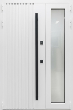 Полуторная термодверь с остеклением, металлорейками, бугельной ручкой и белым порошковым покрытием