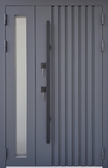 Полуторная термодверь со стеклом, металлореечным дизайном, бугельной ручкой и полимерной покраской антрацит