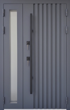 Полуторная термодверь со стеклом, металлореечным дизайном, бугельной ручкой и полимерной покраской антрацит