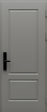 Термодверь с панелями МДФ серого цвета и замком с биометрией