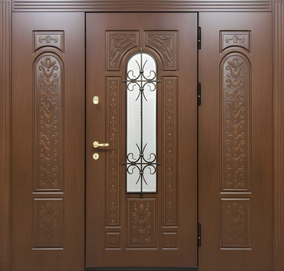 Входная группа с терморазрывом, стеклом, ковкой и отделкой панелями МДФ