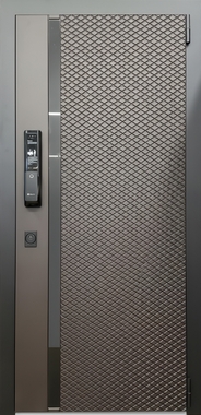 Дверь с коричневыми фрезерованными панелями МДФ, узкой вертикальной вставкой и электронным замком