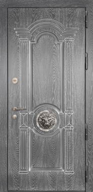 Термодверь с серыми панелями МДФ и объемным декором «голова льва»