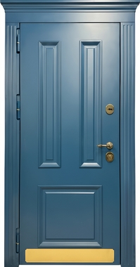 Термодверь с карнизом, отбойником и синими панелями МДФ с багетом