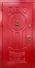 Термодверь с кнокером и окрашенными панелями МДФ красного цвета