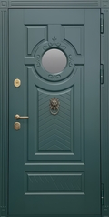 Термодверь с круглым стеклопакетом, кнокером и зелеными фрезерованными панелями МДФ