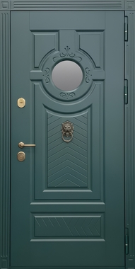 Термодверь с круглым стеклопакетом, кнокером и зелеными фрезерованными панелями МДФ