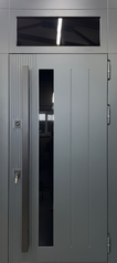 Термодверь с остекленной фрамугой, бугельной ручкой и серыми панелями МДФ