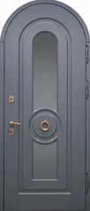 Арочная термодверь с остеклением, кнокером и панелями МДФ серого цвета