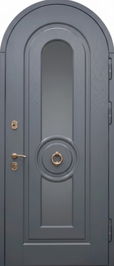 Арочная термодверь с остеклением, кнокером и панелями МДФ серого цвета