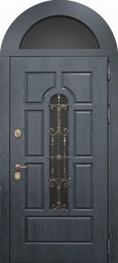 Арочная термодверь с ковкой, стеклом и панелями МДФ антрацит
