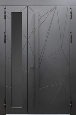 Полуторная термодверь с бугельной ручкой, остеклением и темно-серыми фрезерованными плитами МДФ