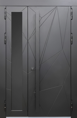 Полуторная термодверь с бугельной ручкой, остеклением и темно-серыми фрезерованными плитами МДФ