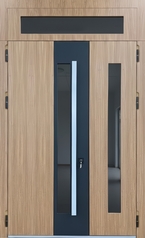 Полуторная остекленная термодверь с фрамугой, бугельной ручкой и двухцветными панелями МДФ