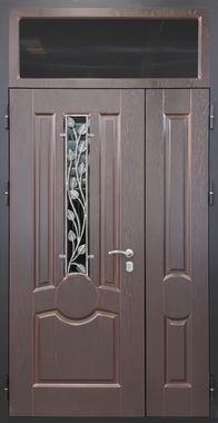 Полуторная термодверь с остекленной фрамугой, ковкой и панелями МДФ со шпоном