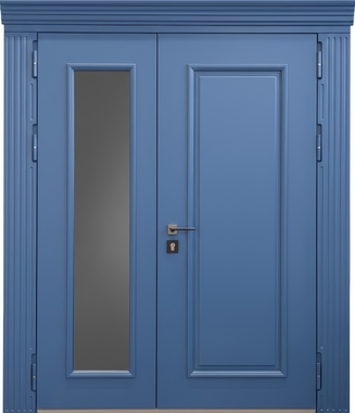 Полуторная термодверь с карнизом, остеклением и синими панелями МДФ с багетом