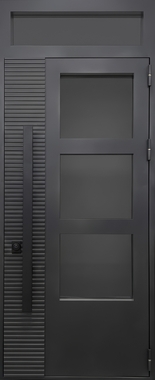 Термодверь с фрамугой, остеклением, бугельной ручкой и серым порошковым покрытием с МДФ вставкой