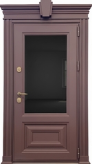 Термодверь с карнизом, большим стеклом, металлофиленкой и коричневой полимерной покраской