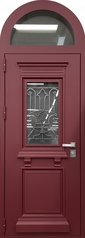 Термодверь с арочной остекленной фрамугой, ковкой, металлобагетом и красным полимерным окрашиванием